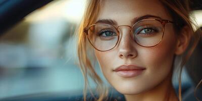 Close-up view of a young woman wearing glasses inside a car during golden hour light photo