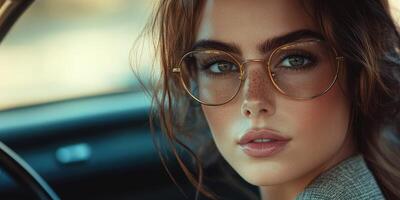Young woman with stylish glasses poses in a car during golden hour light in an urban setting photo