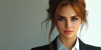 Confident young woman poses elegantly in a tailored suit against a minimalist backdrop photo