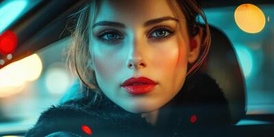 Woman with striking features and red lips gazes out of a car at night, illuminated by city lights photo