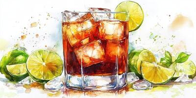 Refreshing cocktail with lime and ice captured in a colorful artistic style photo