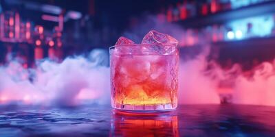 Colorful cocktail with ice served in trendy bar during vibrant nightlife atmosphere photo