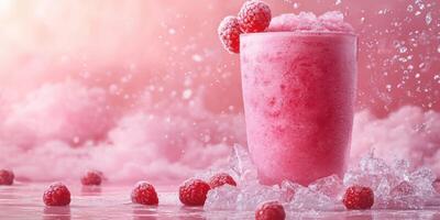 Refreshing raspberry smoothie with ice served against a vibrant pink background at a summer gathering photo