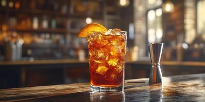 Refreshing cocktail with ice and orange garnish served in a cozy bar setting photo