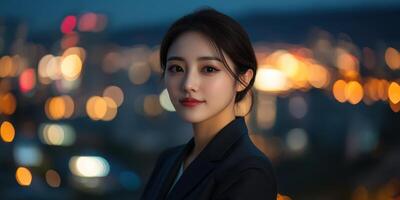 Young woman in business attire with a blurred city background during twilight hours photo