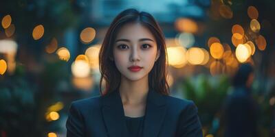 Confident woman in formal attire stands in a vibrant, illuminated urban setting during evening hours photo