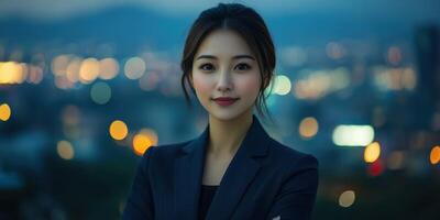 Young businesswoman poses confidently at twilight in a vibrant cityscape with blurred lights in the background photo