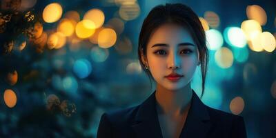 Young woman with a serene expression stands in a softly lit urban setting during the evening hours photo