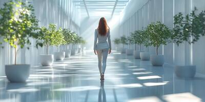 Walking through a bright corridor lined with indoor plants in a modern building during daytime photo
