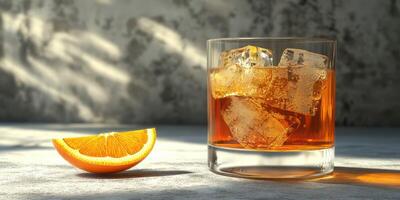Refreshing citrus drink served with ice on a sunny afternoon in a relaxed indoor setting photo