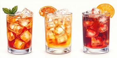 Colorful assortment of refreshing iced beverages with citrus and mint garnishes on display photo