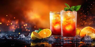 Refreshing cocktails with citrus fruits and ice set against a vibrant background photo
