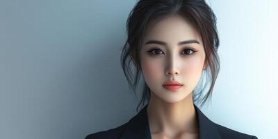 Portrait of a woman with elegant features wearing a tailored blazer against a soft blue background photo