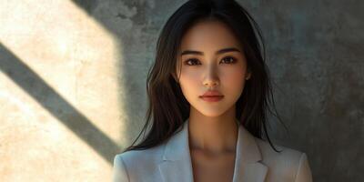 Portrait of a young woman with long dark hair in a stylish outfit captured in soft light against a concrete wall backdrop photo