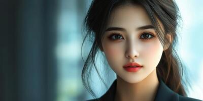 Captivating portrait of a woman with striking features in a modern setting photo