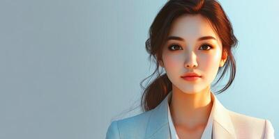 Young woman in a stylish blazer looking confidently at the camera against a softly lit background photo