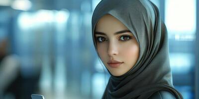 Young woman wearing a hijab holding a smartphone in a modern urban setting during daylight hours photo