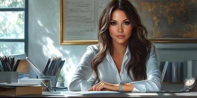 Professional woman sitting at a well-organized desk with natural lighting in a contemporary office setting photo
