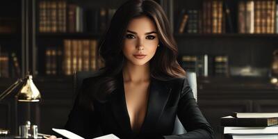 Confident woman in a formal outfit sitting in an elegant office surrounded by books and warm lighting during a productive afternoon photo