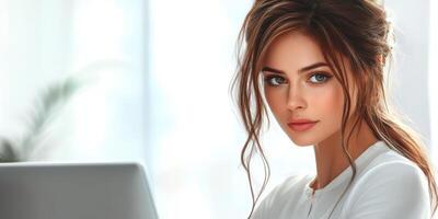 Woman working on a computer in a bright office space showcasing focus and determination photo