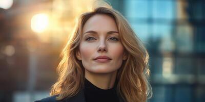 Bright sunset light illuminates a woman with flowing hair standing confidently in an urban setting photo