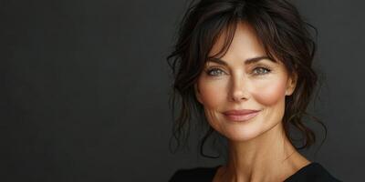 Professional beauty portrait featuring a woman with natural makeup against a neutral backdrop photo