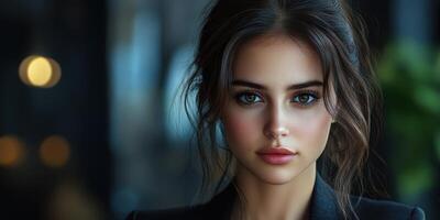 Captivating portrait of a young woman in a sophisticated setting with warm lighting and a confident expression photo