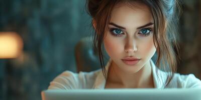 Young woman focused on laptop in a cozy indoor setting at dusk, showcasing concentration and engagement in her work photo