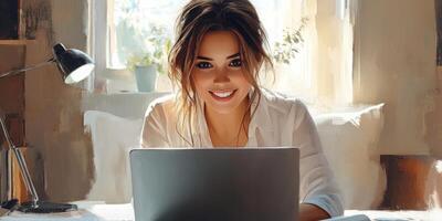 Smiling woman working on laptop in a bright, cozy room with natural light during the day photo