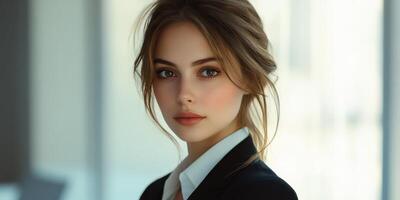 Professional woman poses confidently in a modern office setting during the day photo