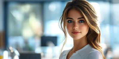 Young woman with long hair and blue eyes poses confidently in a modern office setting during daylight photo