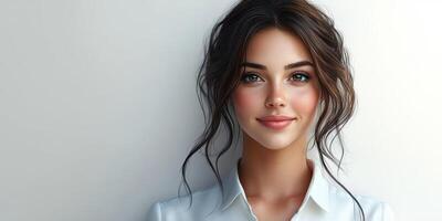Young woman with long dark hair smiles confidently in a bright, minimalist setting photo