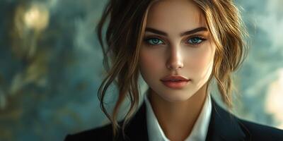 Elegant portrait of a woman in formal attire with striking blue eyes against a blurred background photo