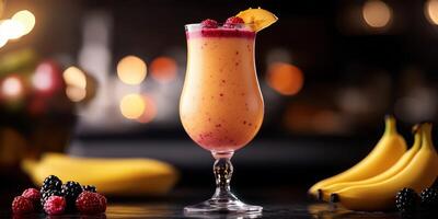 Refreshing tropical smoothie with vibrant fruits served in a decorative glass at a cozy bar setting photo