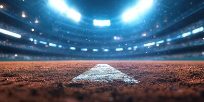 View of the baseball field with bright stadium lights illuminating the dirt path during a night game photo