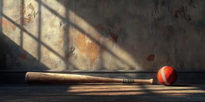 Baseball bat and ball resting on wooden floor in dimly lit room with textured walls photo