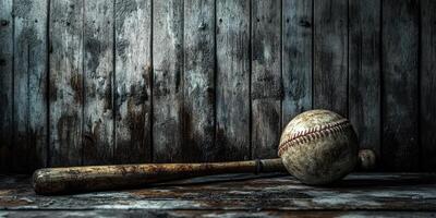 Old baseball bat and worn ball resting against a weathered wooden wall in a dimly lit space photo