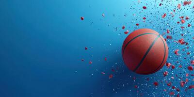 Dynamic basketball breaks free from a backdrop of vibrant blue with colorful particles scattering around it during an energetic moment photo