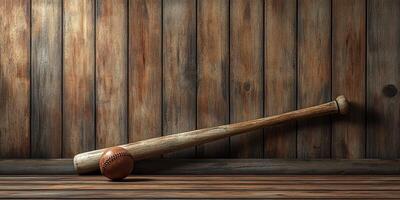 Wooden baseball bat and ball resting on wooden surface in a rustic setting photo