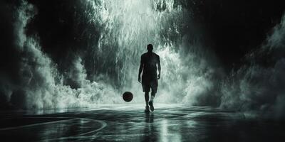 Powerful athlete walks towards the camera in a dramatic setting surrounded by mist and shadows photo