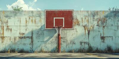 Outdoor basketball hoop against a weathered wall with a clear blue sky above in a quiet urban area photo