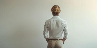 Man in white shirt standing against a blank wall contemplating his thoughts in a serene space photo