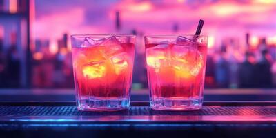 Colorful cocktails served at a vibrant bar during an evening celebration with lively atmosphere photo