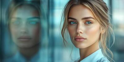 Captivating portrait of a woman with blue eyes and soft features in a modern indoor setting photo