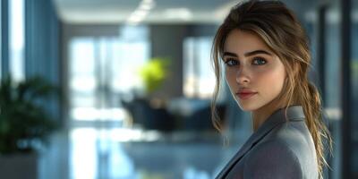 Young professional woman in modern office environment showcasing confidence and style while engaging in thoughtful reflection photo