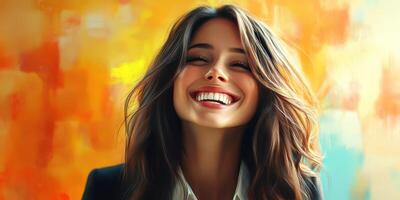 Smiling woman enjoying a moment of joy against a colorful abstract background in a bright setting photo