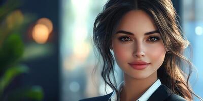 Portrait of a confident young woman in a modern office setting during daylight hours photo