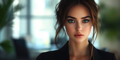Young woman with expressive eyes posing in a modern office setting during daylight photo