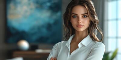 Confident young woman posing in an elegant office environment with soft natural light photo