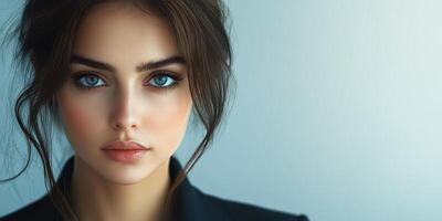 Captivating portrait of a young woman with striking blue eyes and tousled hair against a soft background photo